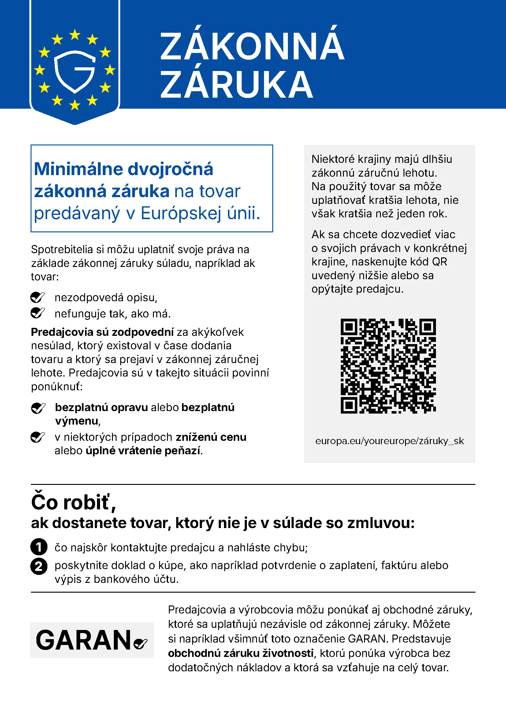 Oznámenie EÚ o zákonnej záruke súladu: spotrebitelia v EÚ majú pri kúpe tovaru zákonnú záruku najmenej 2 roky